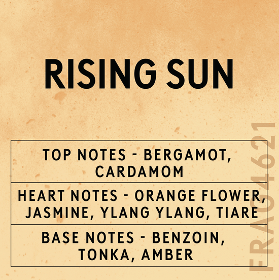 Candle Shack Rising Sun Fragrance Oil scent card with fragrance notes
