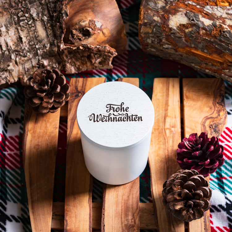 Candle Shack UK Lid Frohe Weihnachten - Christmas White Wooden Lid For 30cl Candle