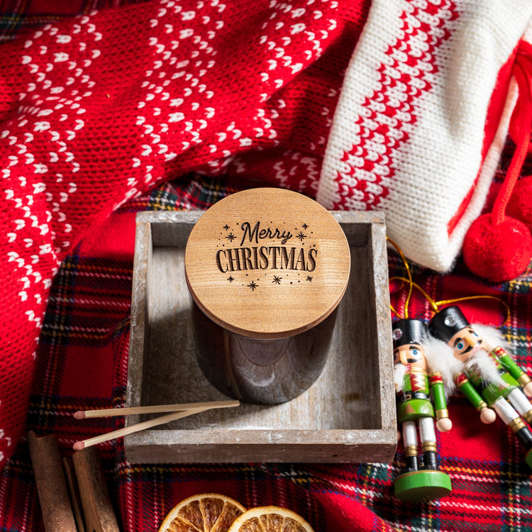 Candle Shack UK Lid Merry Christmas - Christmas Natural Wooden Lid For 30cl Candle