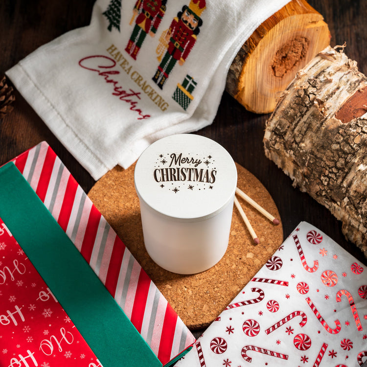 Candle Shack UK Lid Merry Christmas - Christmas White Wooden Lid For 30cl Candle