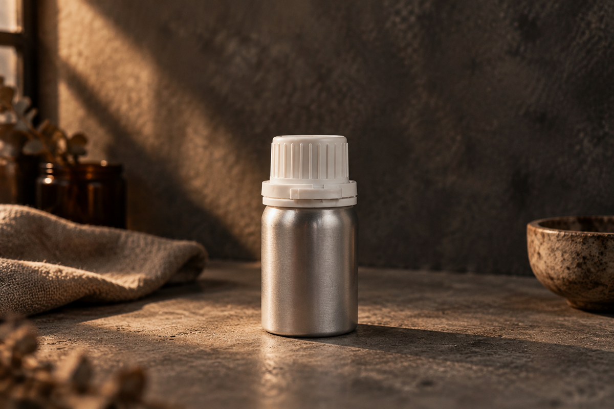 Silver aluminium Candle Shack fragrance oil bottle with a white anti-spill screw cap