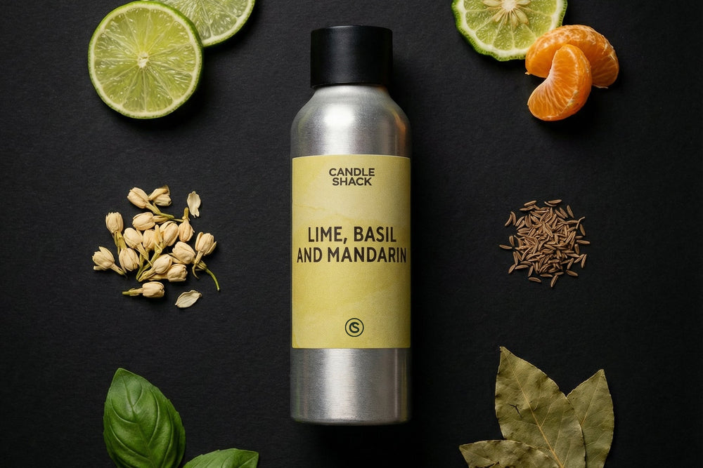 A fragrance oil of 'Lime, Basil and Mandarin' candle on a dark surface with lime slices, mandarin oranges, and basil leaves.