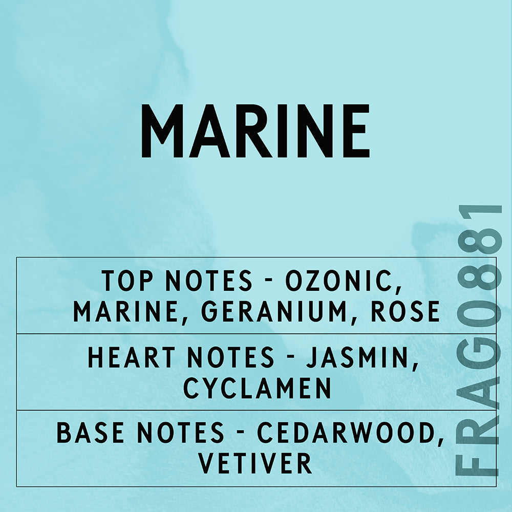 Marine on a light blue background with fragrance notes listed