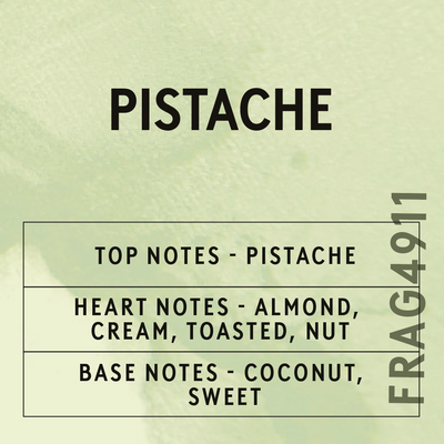 Text detailing the fragrance notes of 'Pistache' on a light green background