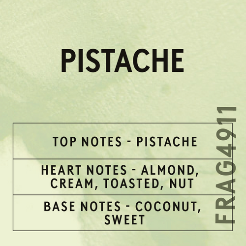 Text detailing the fragrance notes of 'Pistache' on a light green background