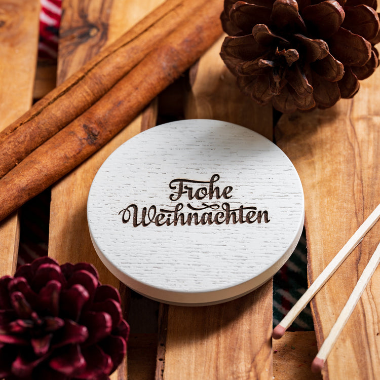 Candle Shack UK Lid Frohe Weihnachten - Christmas White Wooden Lid For 30cl Candle