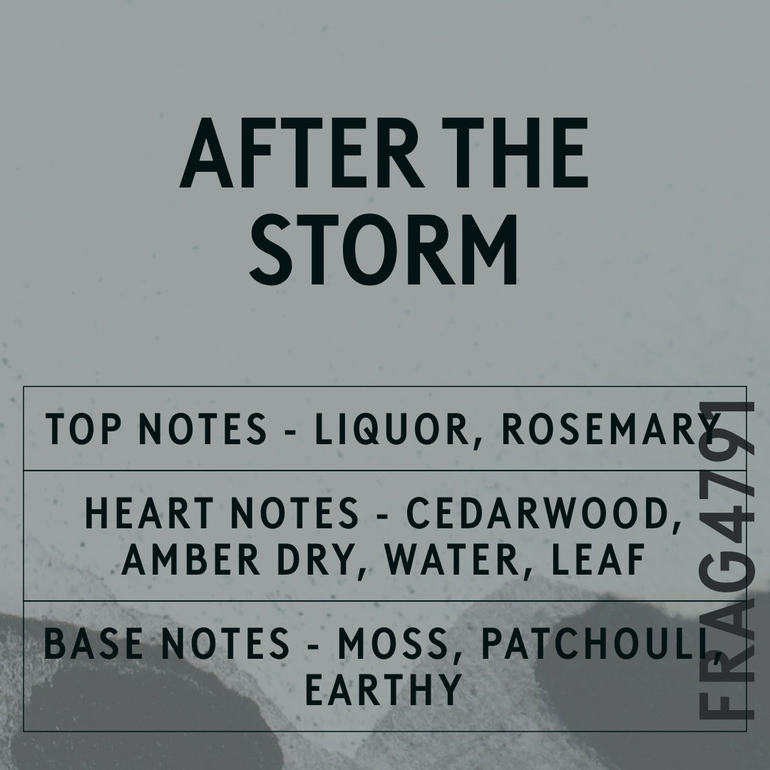 After The Storm fragrance oil - Candle Shack aluminium bottle with dried botanicals on a dark slate background