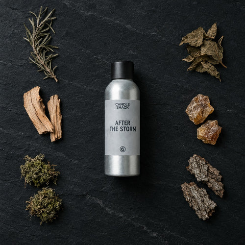 After The Storm fragrance oil - Candle Shack aluminium bottle with dried botanicals on a dark slate background