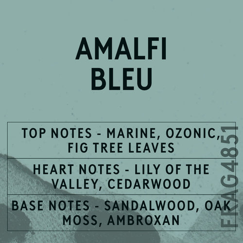 Amalfi Bleu fragrance oil - Candle Shack aluminium bottle with dried botanicals on a dark slate background
