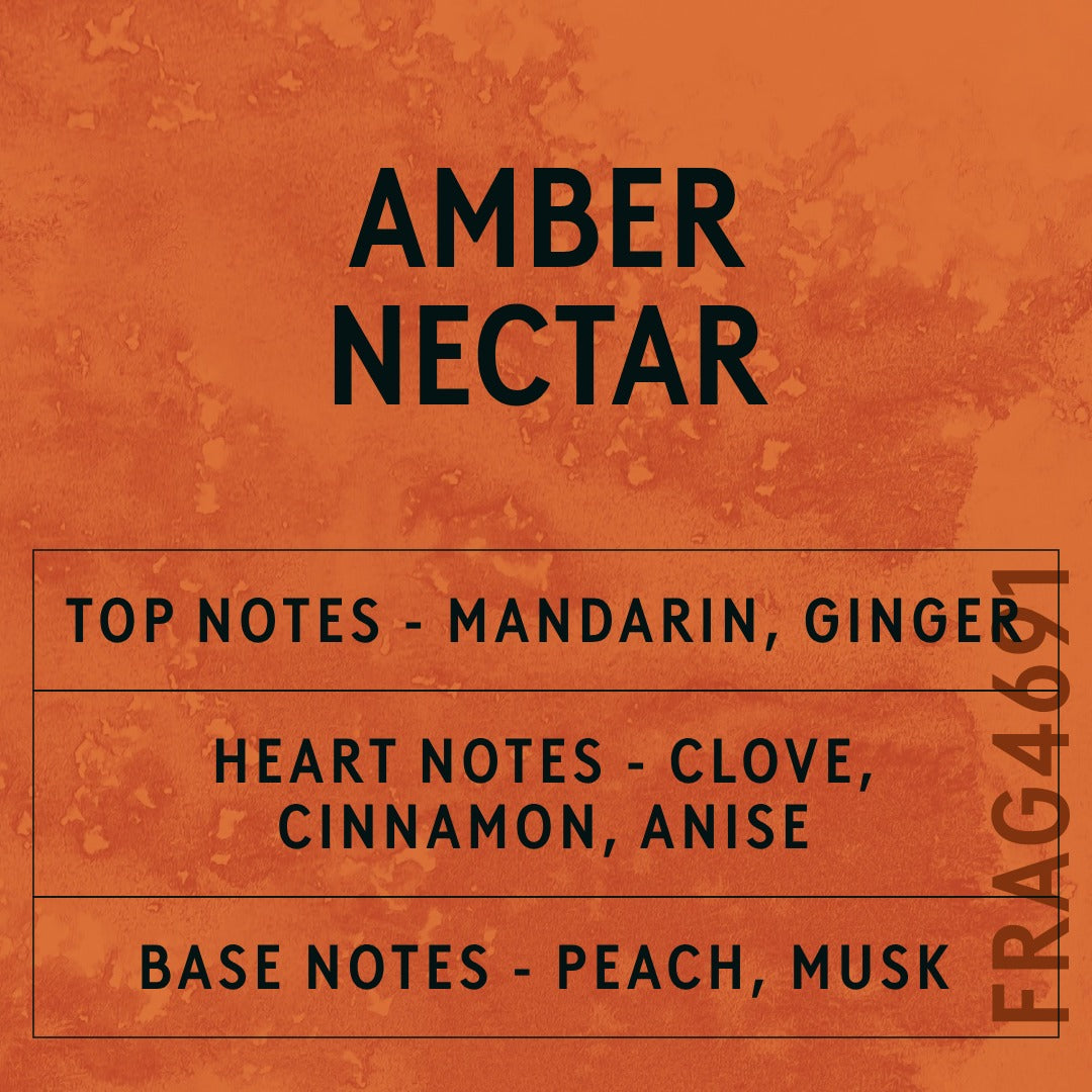 Amber Nectar fragrance oil - Candle Shack aluminium bottle with dried botanicals on a dark slate background