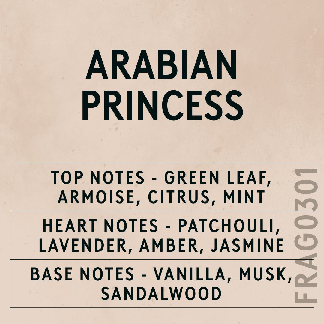Arabian Princess fragrance oil - Candle Shack aluminium bottle with dried botanicals on a dark slate background