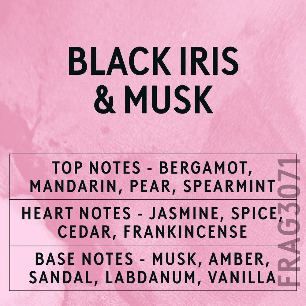 Black Iris & Musk fragrance oil - Candle Shack aluminium bottle with dried botanicals on a dark slate background