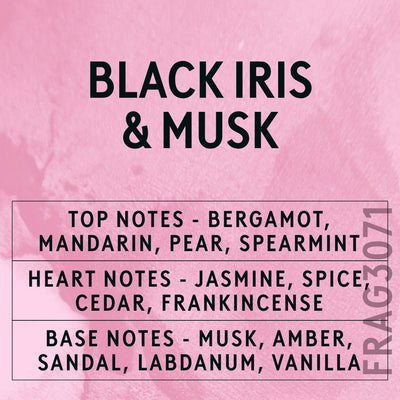Black Iris & Musk fragrance oil - Candle Shack aluminium bottle with dried botanicals on a dark slate background
