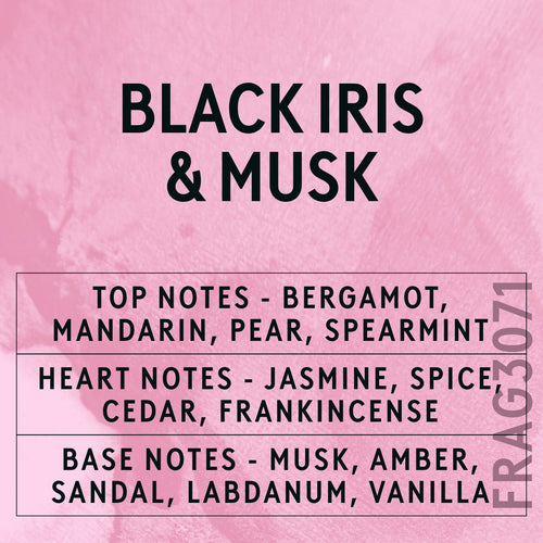 Black Iris & Musk fragrance oil - Candle Shack aluminium bottle with dried botanicals on a dark slate background