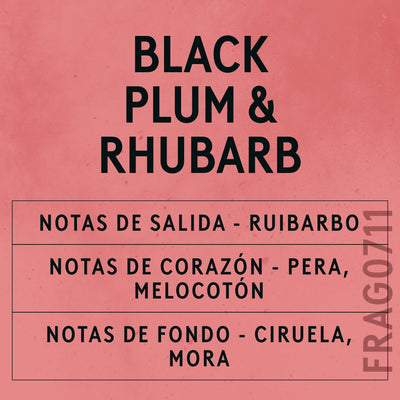 Black Plum & Rhubarb Fragrance Oil scent card (Spanish)