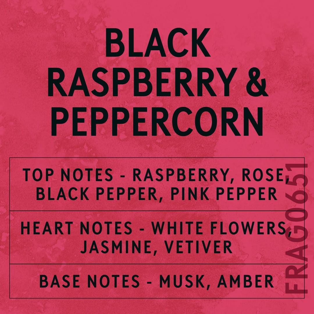 Black Raspberry & Peppercorn fragrance oil - Candle Shack aluminium bottle with dried botanicals on a dark slate background