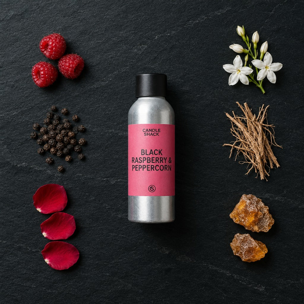 Black Raspberry & Peppercorn fragrance oil - Candle Shack aluminium bottle with dried botanicals on a dark slate background