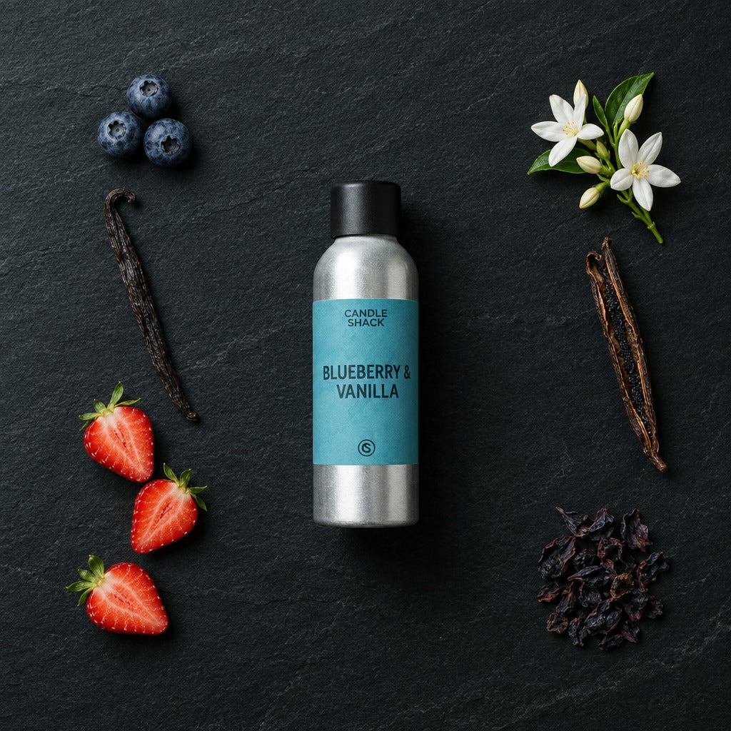 Blueberry & Vanilla fragrance oil - Candle Shack aluminium bottle with dried botanicals on a dark slate background