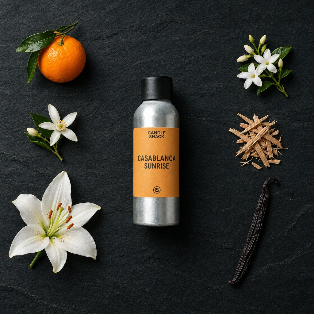 Casablanca Sunrise fragrance oil - Candle Shack aluminium bottle with dried botanicals on a dark slate background