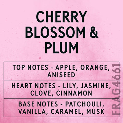 Cherry Blossom & Plum fragrance oil - Candle Shack aluminium bottle with dried botanicals on a dark slate background