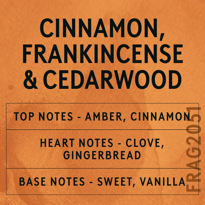 Cinnamon, Frankincense & Cedarwood Fragrance Oil scent card (English)