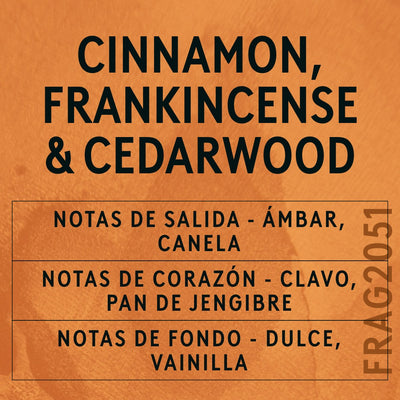 Cinnamon, Frankincense & Cedarwood Fragrance Oil scent card (Spanish)