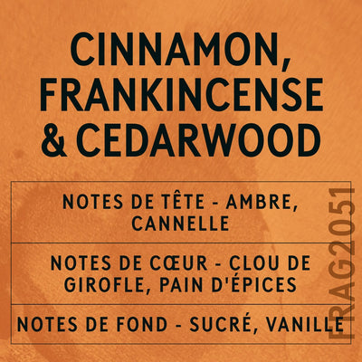 Cinnamon, Frankincense & Cedarwood Fragrance Oil scent card (French)