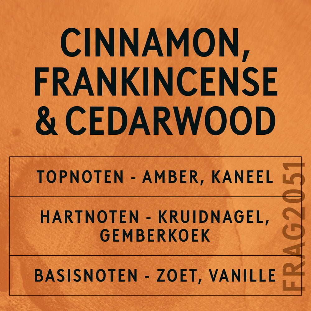 Cinnamon, Frankincense & Cedarwood Fragrance Oil scent card (Dutch)