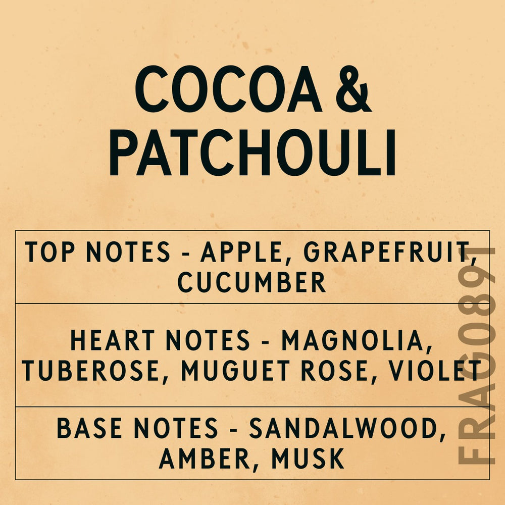 Cocoa & Patchouli fragrance oil - Candle Shack aluminium bottle with dried botanicals on a dark slate background