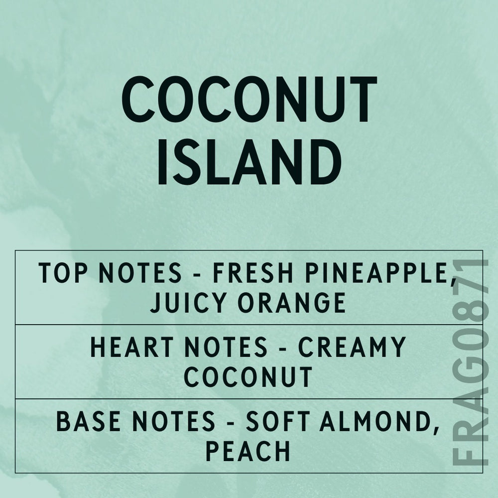 Coconut Island fragrance oil - Candle Shack aluminium bottle with dried botanicals on a dark slate background