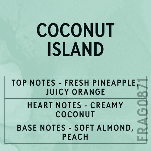 Coconut Island fragrance oil - Candle Shack aluminium bottle with dried botanicals on a dark slate background