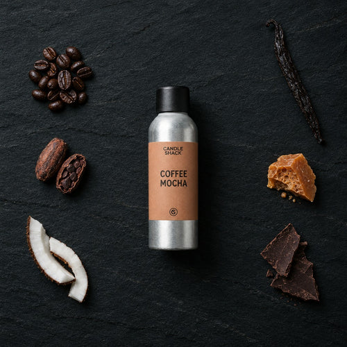 Coffee Mocha fragrance oil - Candle Shack aluminium bottle with dried botanicals on a dark slate background