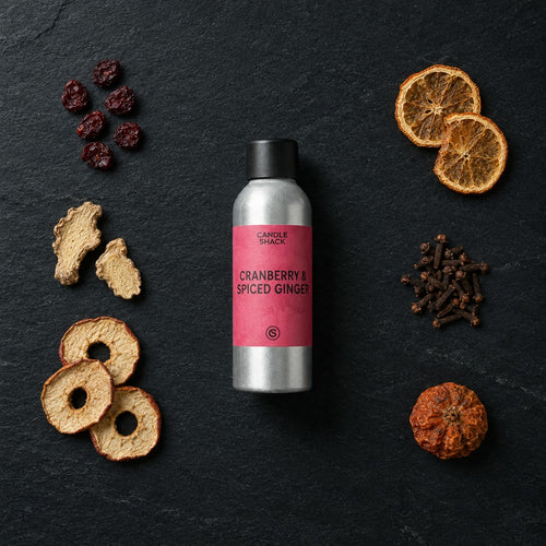 Cranberry & Spiced Ginger fragrance oil - Candle Shack aluminium bottle with dried botanicals on a dark slate background