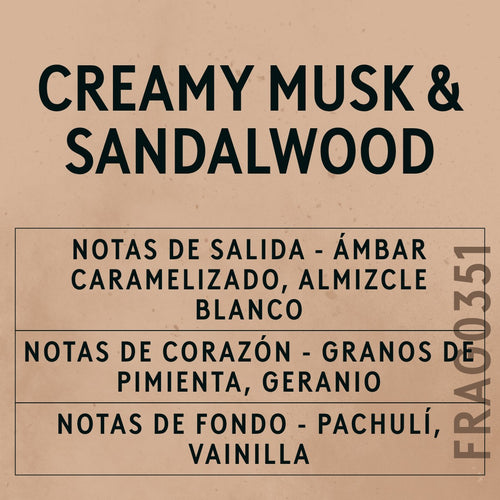 Creamy Musk and Sandalwood Fragrance Oil scent card (Spanish)