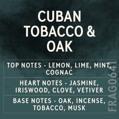 Cuban Tobacco & Oak fragrance oil - Candle Shack aluminium bottle with dried botanicals on a dark slate background