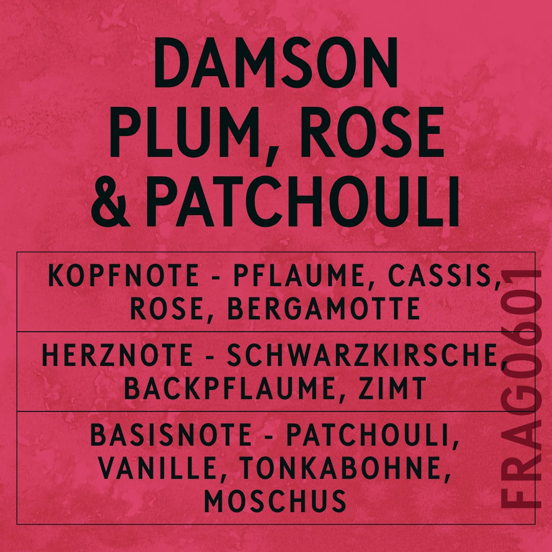 Damson Plum, Rose & Patchouli Fragrance Oil scent card (German)