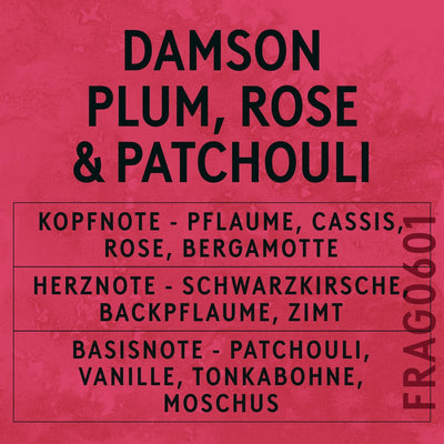 Damson Plum, Rose & Patchouli Fragrance Oil scent card (German)