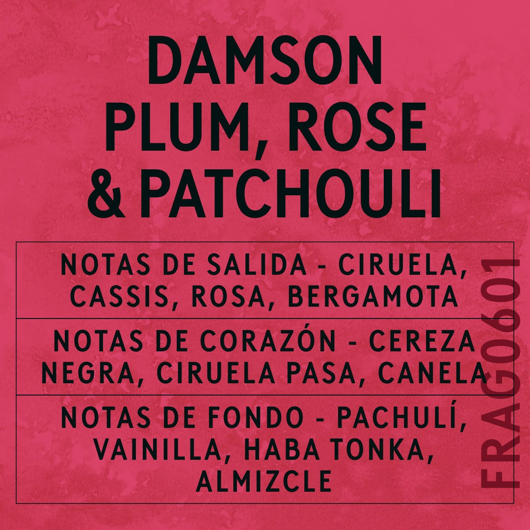 Damson Plum, Rose & Patchouli Fragrance Oil scent card (Spanish)
