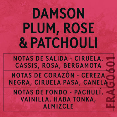 Damson Plum, Rose & Patchouli Fragrance Oil scent card (Spanish)