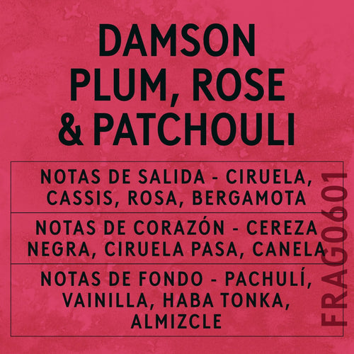 Damson Plum, Rose & Patchouli Fragrance Oil scent card (Spanish)