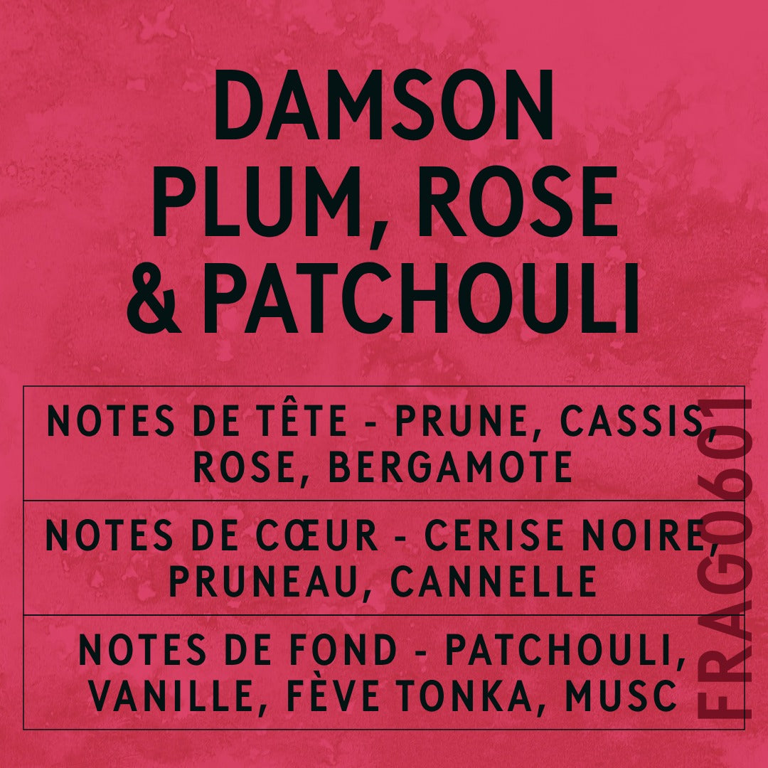 Damson Plum, Rose & Patchouli Fragrance Oil scent card (French)