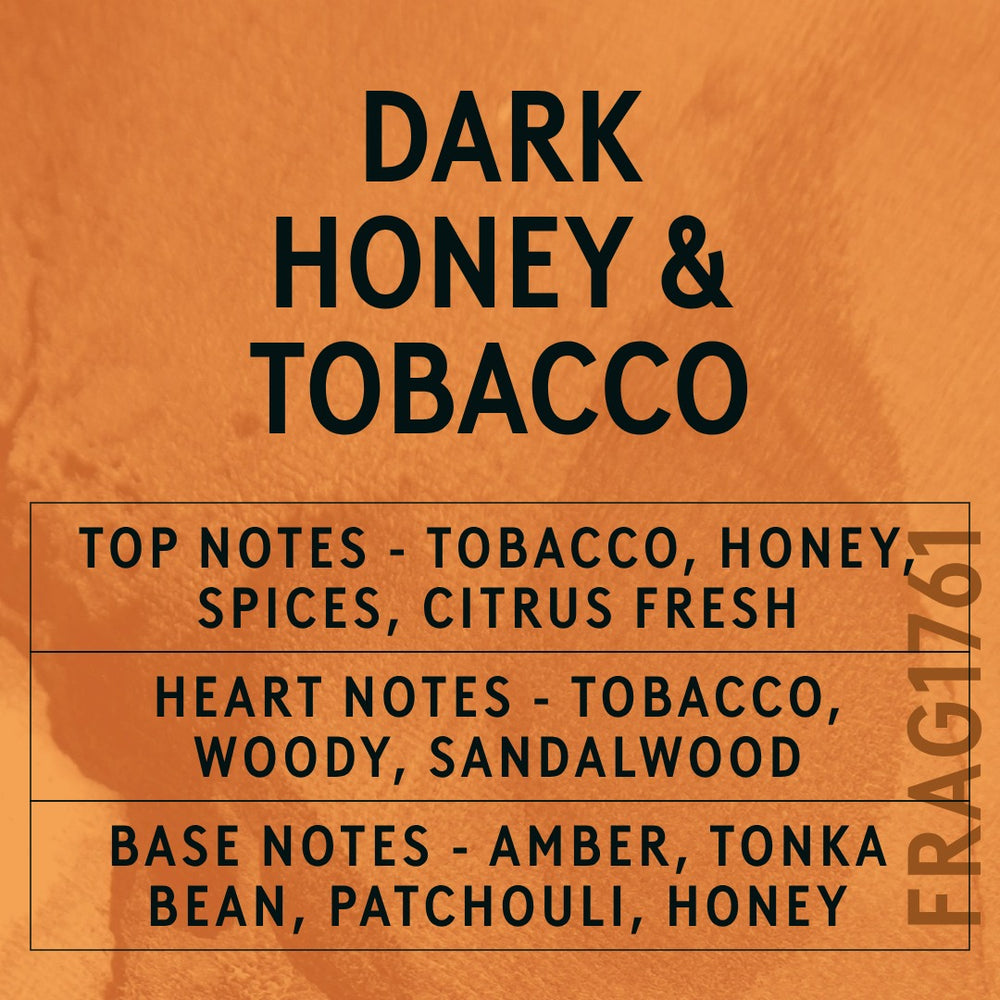 Dark Honey & Tobacco fragrance oil - Candle Shack aluminium bottle with dried botanicals on a dark slate background