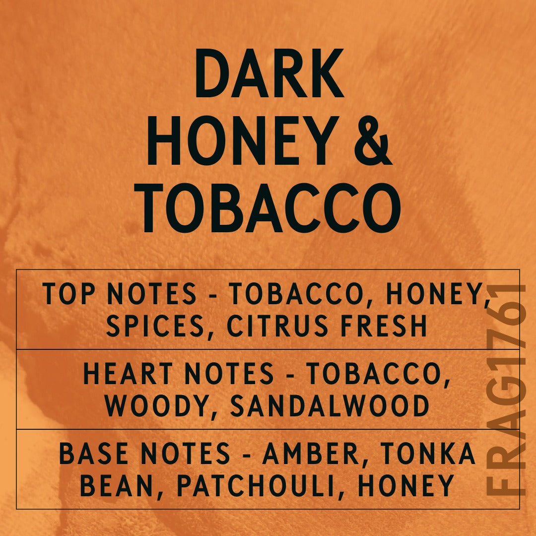 Dark Honey & Tobacco fragrance oil - Candle Shack aluminium bottle with dried botanicals on a dark slate background