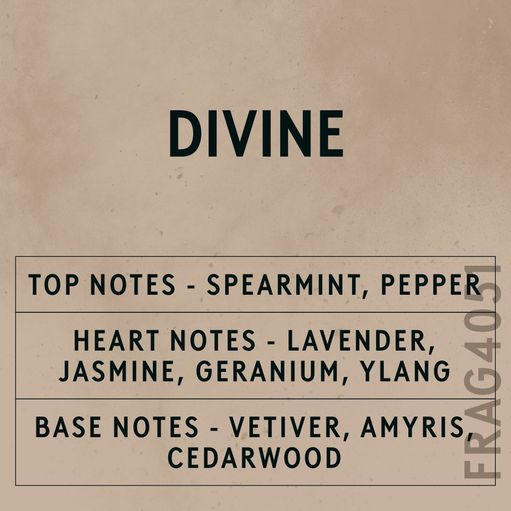 Divine Natural Oil fragrance oil - Candle Shack aluminium bottle with dried botanicals on a dark slate background
