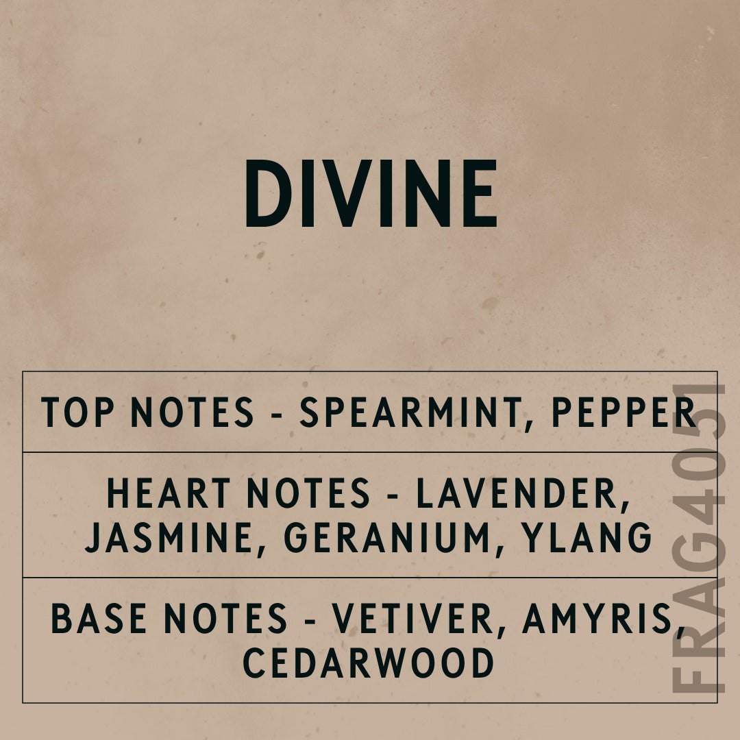 Divine Natural Oil fragrance oil - Candle Shack aluminium bottle with dried botanicals on a dark slate background