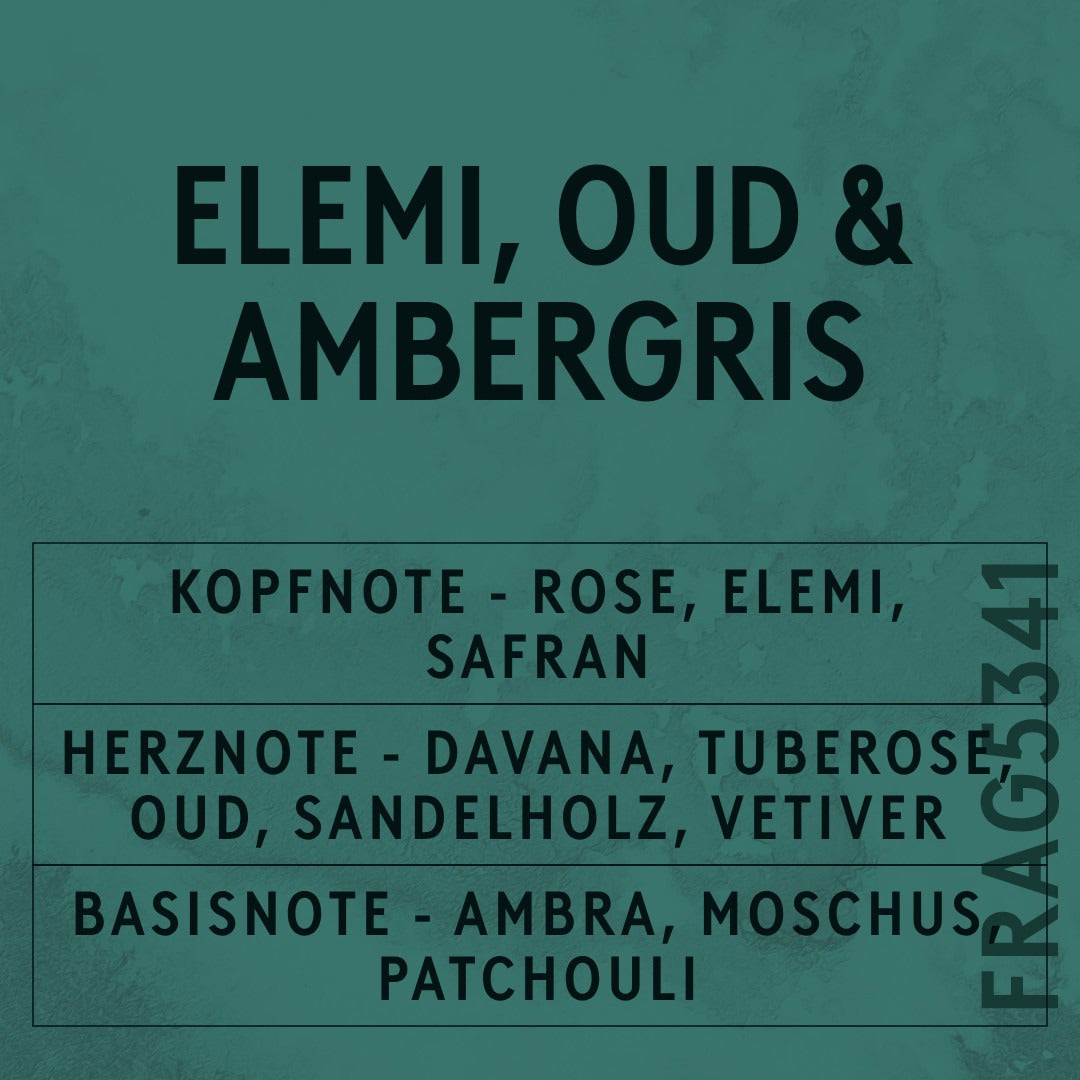 Elemi, Oud & Ambergris Fragrance Oil scent card (German)