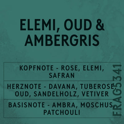 Elemi, Oud & Ambergris Fragrance Oil scent card (German)