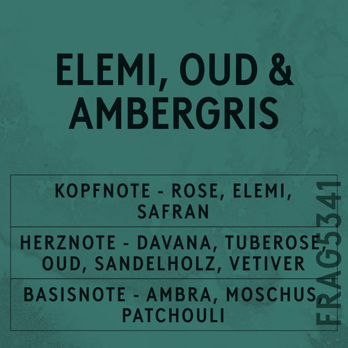 Elemi, Oud & Ambergris Fragrance Oil scent card (German)