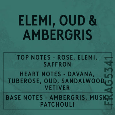 Elemi, Oud & Ambergris Fragrance Oil scent card (English)