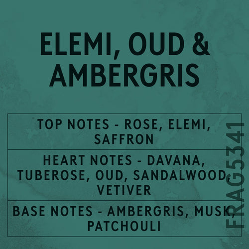 Elemi, Oud & Ambergris Fragrance Oil scent card (English)